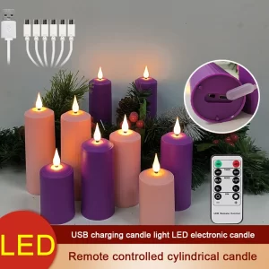 3Pcs Flickering Electric Pillar Candles with Remote Control USB Rechargeable Pink Flameless Candle Flickering LED Pillar Candles